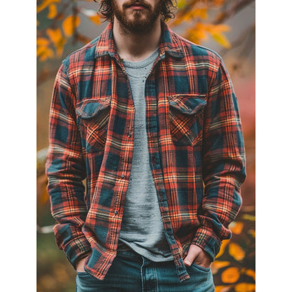 Men's Plaid Printed Fleece-lined Pocket Shirt