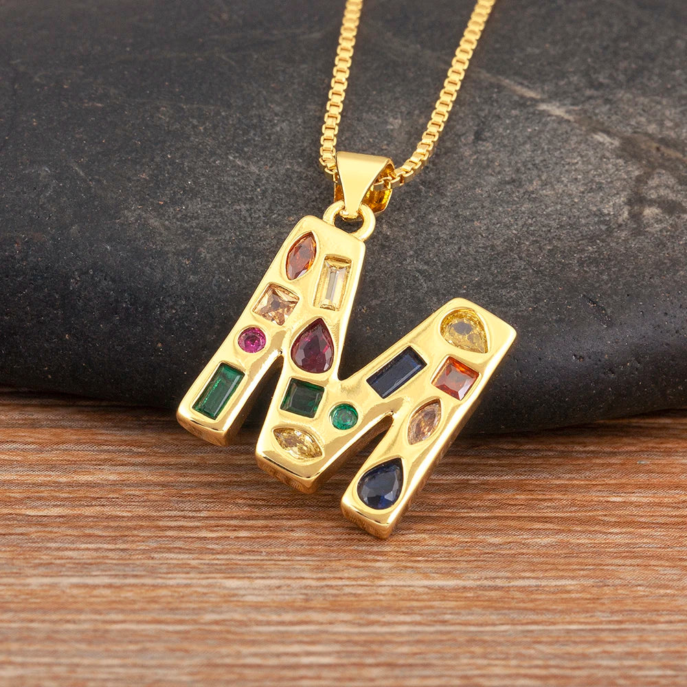 Nidin New Fashion Pave Colorful Zircon A-Z Letters Pendant Necklace Initials Alphabet For Women Name Clavicle Chain Jewelry Gift