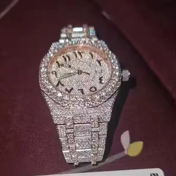 Men's Premium Moissanite Diamond Watch, Fully Iced Out Bling Timepiece with stainless steel strap and luxury hip hop design.