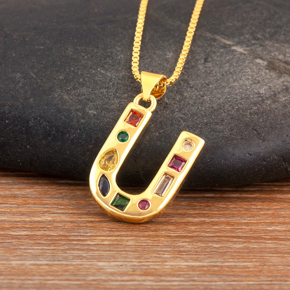 Nidin New Fashion Pave Colorful Zircon A-Z Letters Pendant Necklace Initials Alphabet For Women Name Clavicle Chain Jewelry Gift