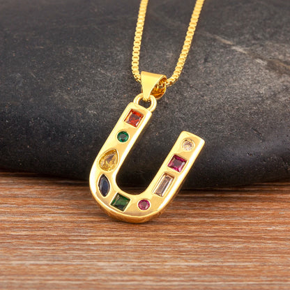 Nidin New Fashion Pave Colorful Zircon A-Z Letters Pendant Necklace Initials Alphabet For Women Name Clavicle Chain Jewelry Gift