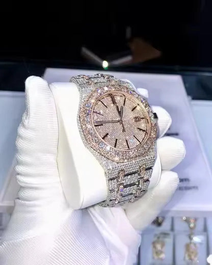 Men's Premium Moissanite Diamond Watch, Fully Iced Out Bling Timepiece with stainless steel strap and luxury hip hop design.