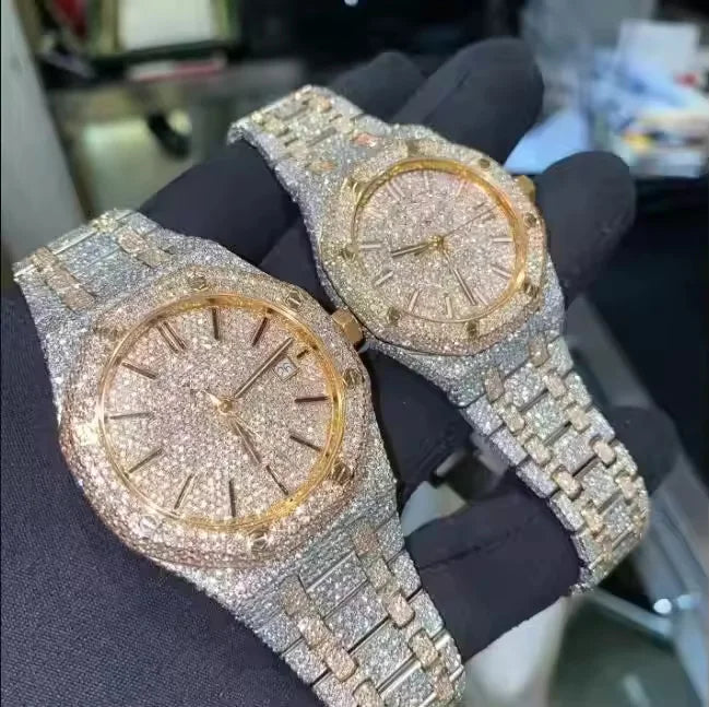 Men's Premium Moissanite Diamond Watch, Fully Iced Out Bling Timepiece with stainless steel strap and luxury hip hop design.