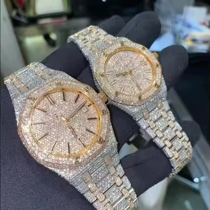 Men's Premium Moissanite Diamond Watch, Fully Iced Out Bling Timepiece with stainless steel strap and luxury hip hop design.