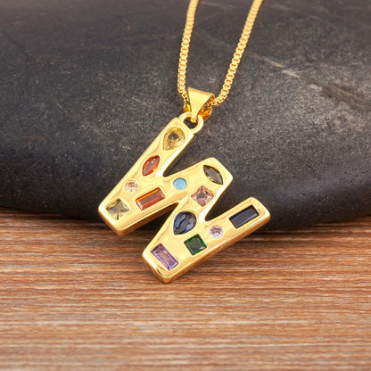Nidin New Fashion Pave Colorful Zircon A-Z Letters Pendant Necklace Initials Alphabet For Women Name Clavicle Chain Jewelry Gift
