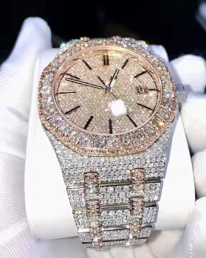 Men's Premium Moissanite Diamond Watch, Fully Iced Out Bling Timepiece with stainless steel strap and luxury hip hop design.