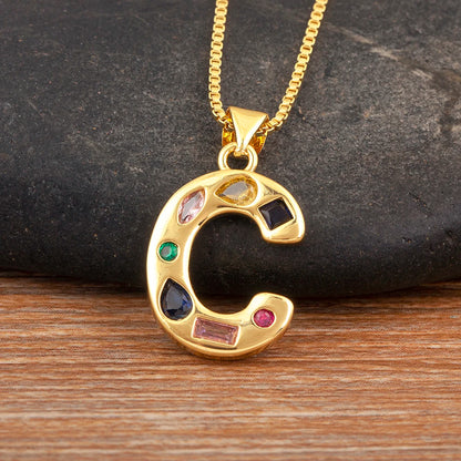 Nidin New Fashion Pave Colorful Zircon A-Z Letters Pendant Necklace Initials Alphabet For Women Name Clavicle Chain Jewelry Gift