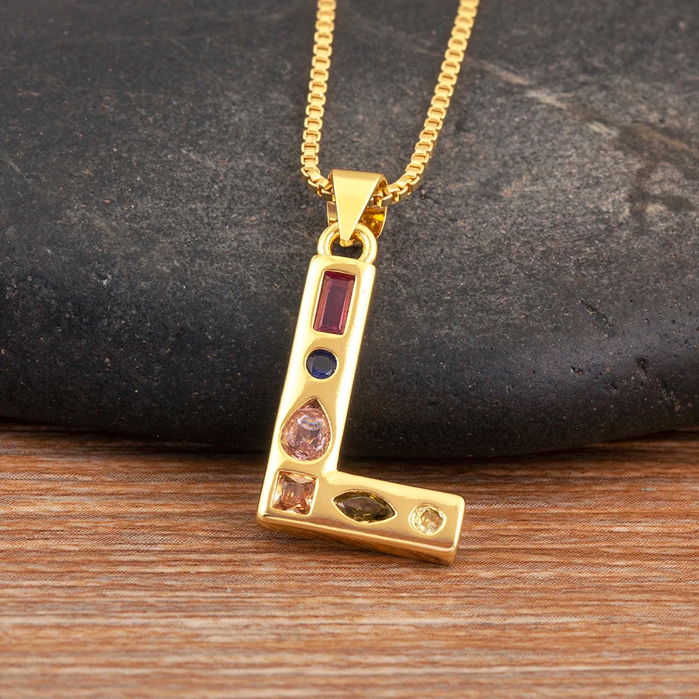 Nidin New Fashion Pave Colorful Zircon A-Z Letters Pendant Necklace Initials Alphabet For Women Name Clavicle Chain Jewelry Gift