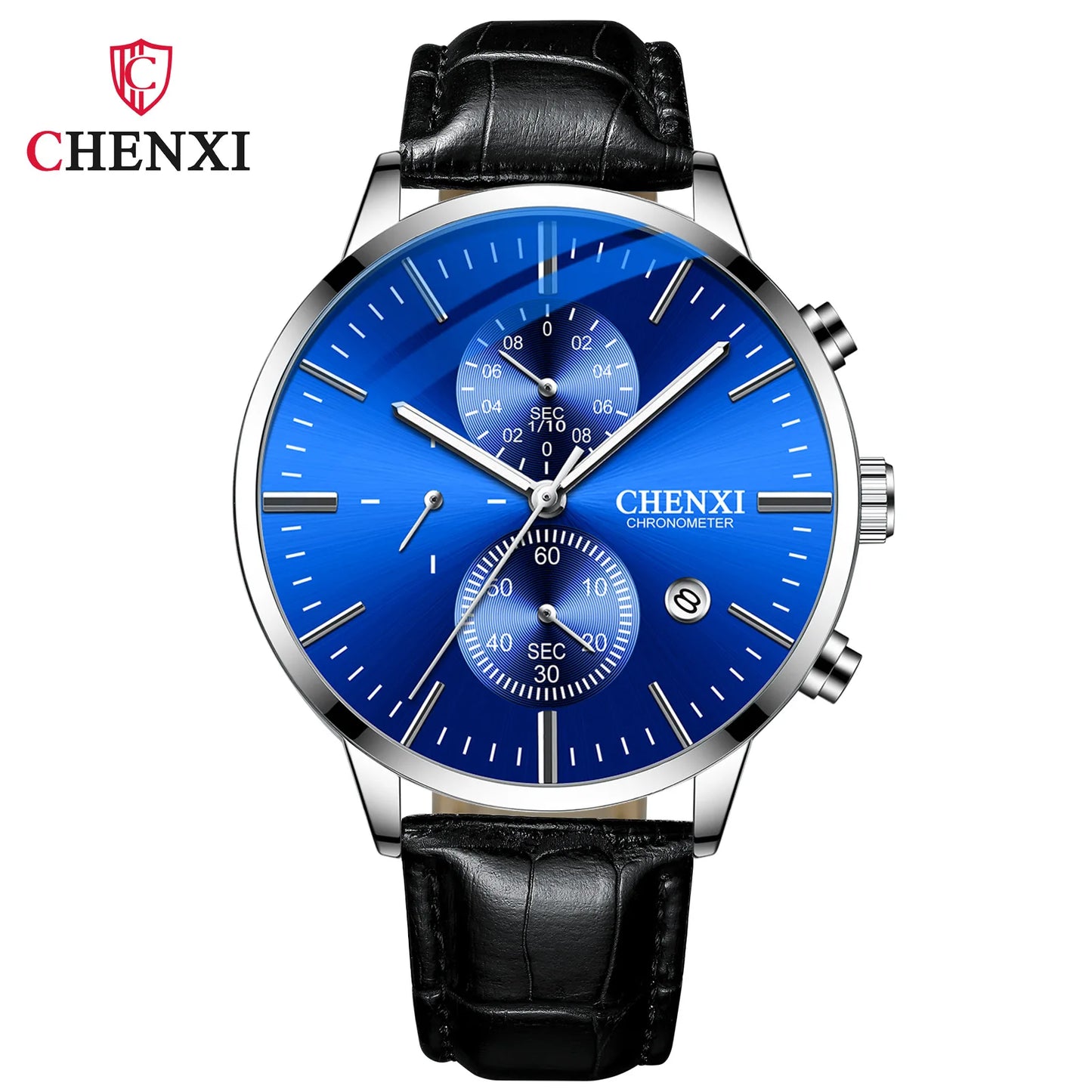 CHENXI Multi-function Watch Men's Calendar Black Leather Strap Three-eye Six-pin Waterproof Luminous Chronograph Quartz Watch