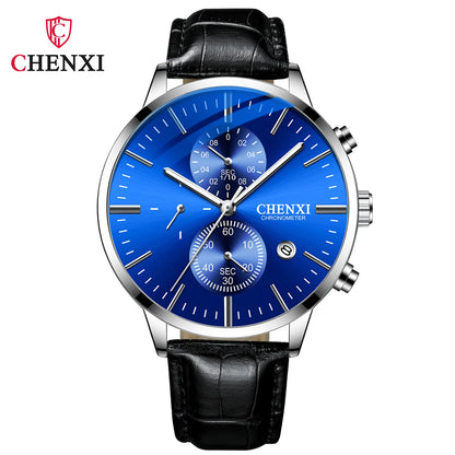 CHENXI Multi-function Watch Men's Calendar Black Leather Strap Three-eye Six-pin Waterproof Luminous Chronograph Quartz Watch