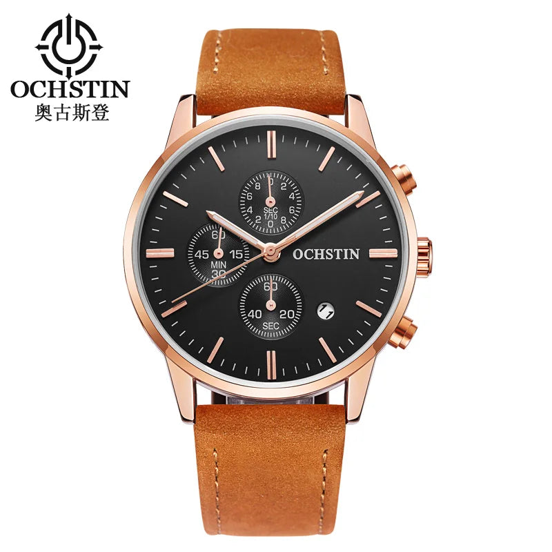 OCHSTIN 084 Special Blue Mans Quartz Watch Leather Band Water Resistant Calendar Chronograph Business Wrist Watch