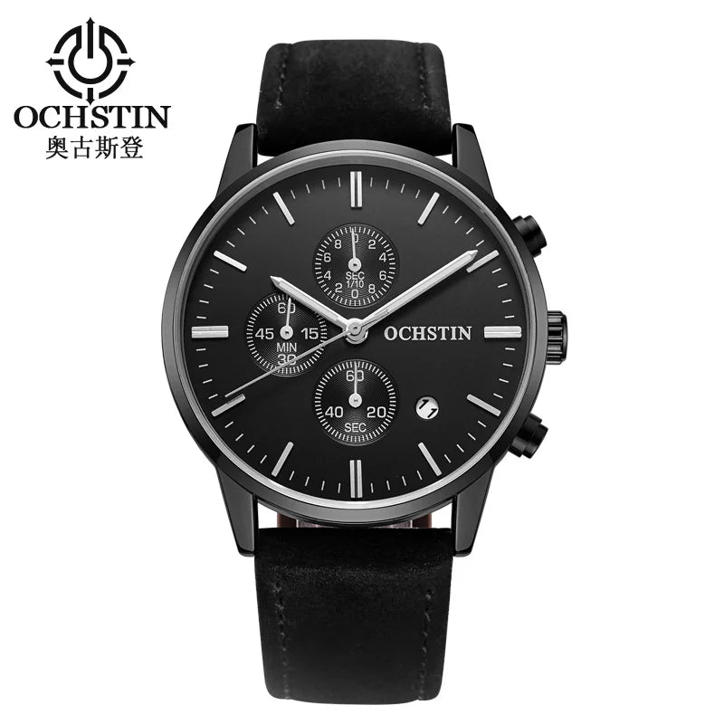 OCHSTIN 084 Special Blue Mans Quartz Watch Leather Band Water Resistant Calendar Chronograph Business Wrist Watch