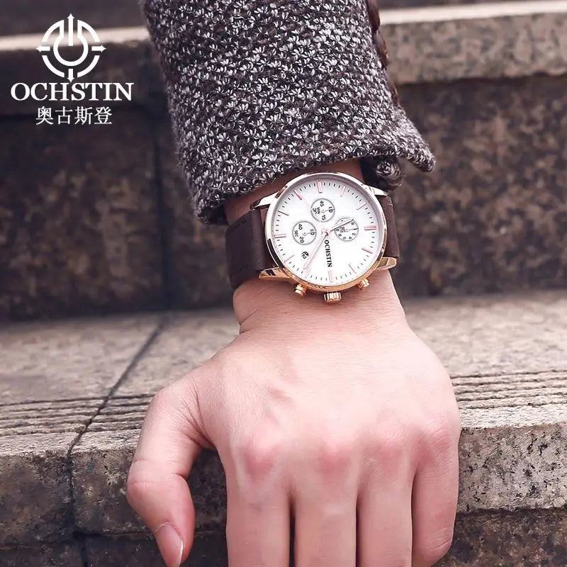 OCHSTIN 084 Special Blue Mans Quartz Watch Leather Band Water Resistant Calendar Chronograph Business Wrist Watch