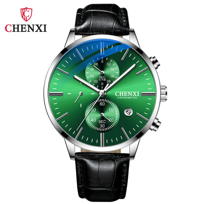 CHENXI Multi-function Watch Men's Calendar Black Leather Strap Three-eye Six-pin Waterproof Luminous Chronograph Quartz Watch