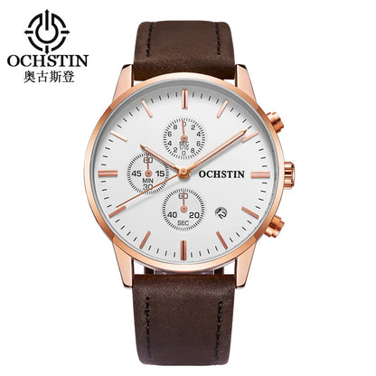 OCHSTIN 084 Special Blue Mans Quartz Watch Leather Band Water Resistant Calendar Chronograph Business Wrist Watch