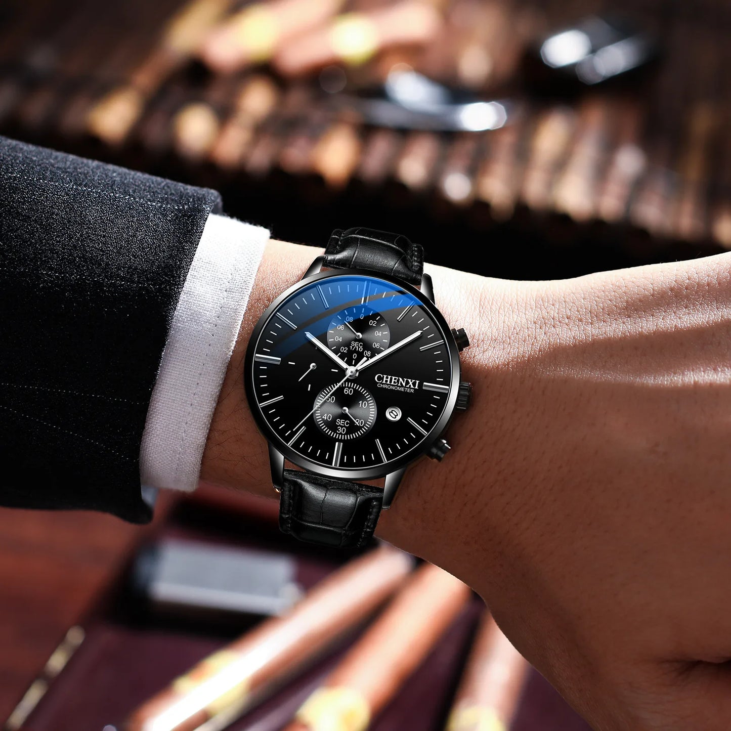 CHENXI Multi-function Watch Men's Calendar Black Leather Strap Three-eye Six-pin Waterproof Luminous Chronograph Quartz Watch