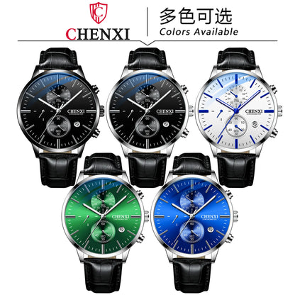 CHENXI Multi-function Watch Men's Calendar Black Leather Strap Three-eye Six-pin Waterproof Luminous Chronograph Quartz Watch