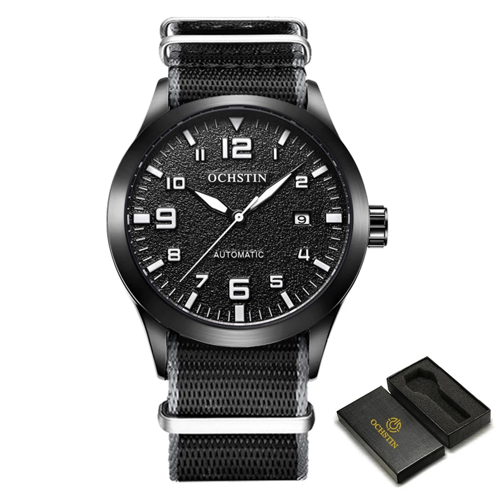 OCHSTIN Men Automatic Mechanical Movement Watch Leather Strap Nylon Male Clock Fashion Waterproof for Men Gift Wirstwatches