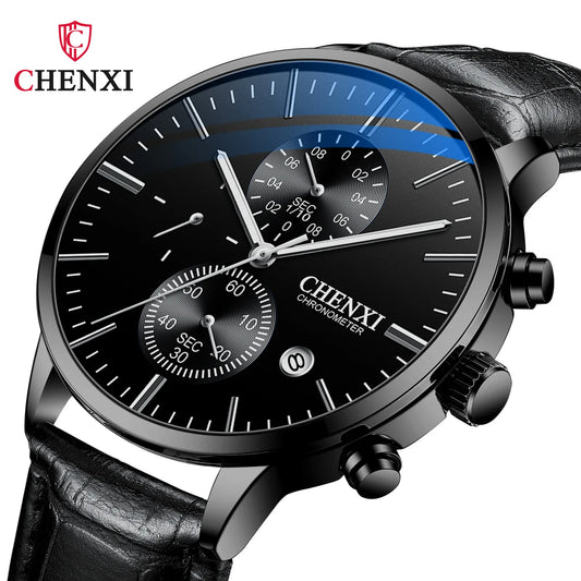 CHENXI  Multi-function Watch Men's Calendar Black Leather Strap Three-eye Six-pin Waterproof Luminous Chronograph Quartz Watch