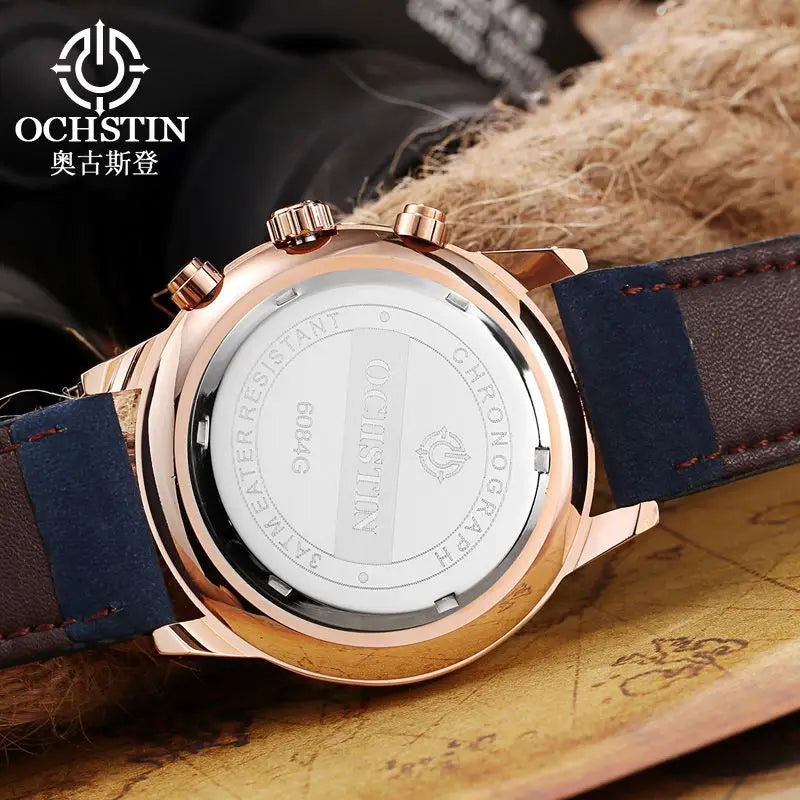 OCHSTIN 084 Special Blue Mans Quartz Watch Leather Band Water Resistant Calendar Chronograph Business Wrist Watch