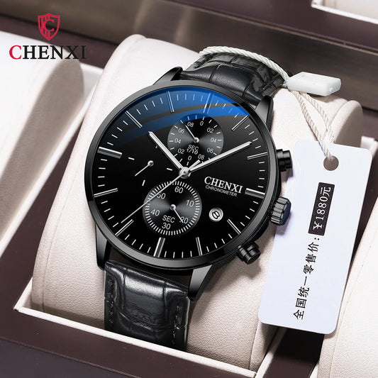 CHENXI  Multi-function Watch Men's Calendar Black Leather Strap Three-eye Six-pin Waterproof Luminous Chronograph Quartz Watch