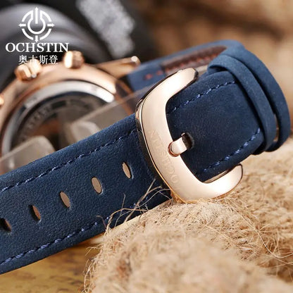 OCHSTIN 084 Special Blue Mans Quartz Watch Leather Band Water Resistant Calendar Chronograph Business Wrist Watch