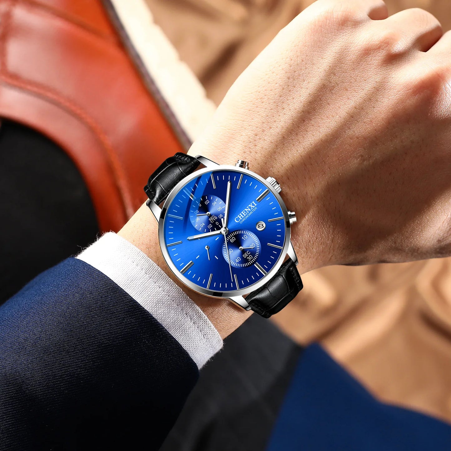 CHENXI Multi-function Watch Men's Calendar Black Leather Strap Three-eye Six-pin Waterproof Luminous Chronograph Quartz Watch