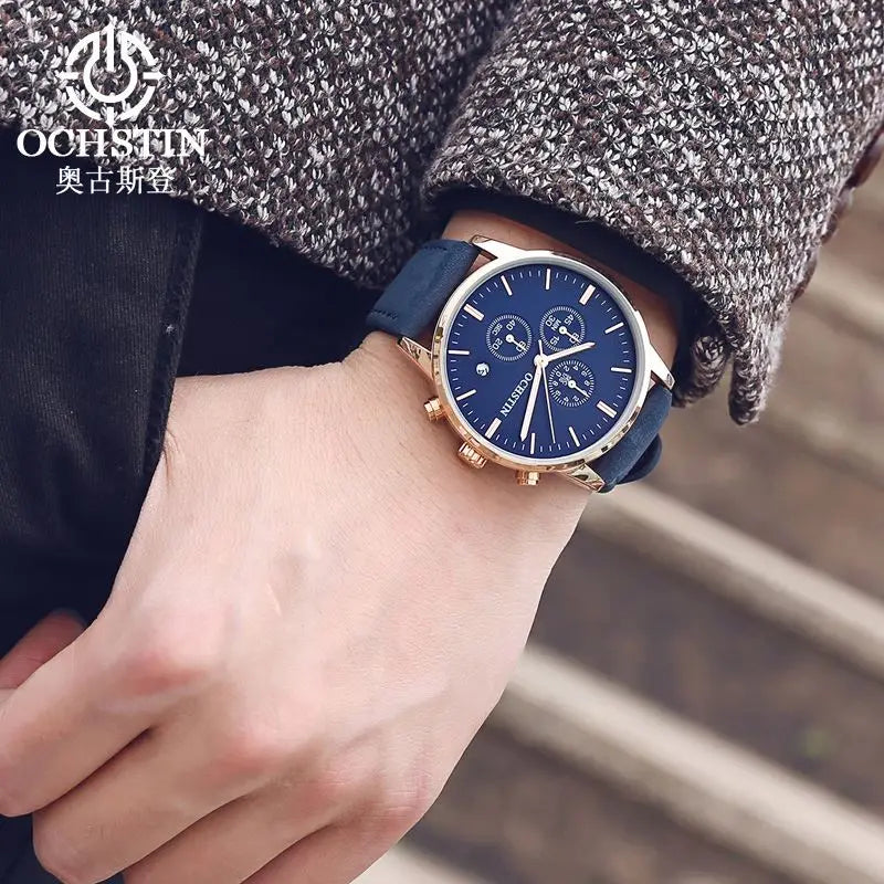 OCHSTIN 084 Special Blue Mans Quartz Watch Leather Band Water Resistant Calendar Chronograph Business Wrist Watch
