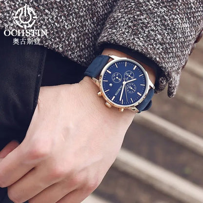 OCHSTIN 084 Special Blue Mans Quartz Watch Leather Band Water Resistant Calendar Chronograph Business Wrist Watch