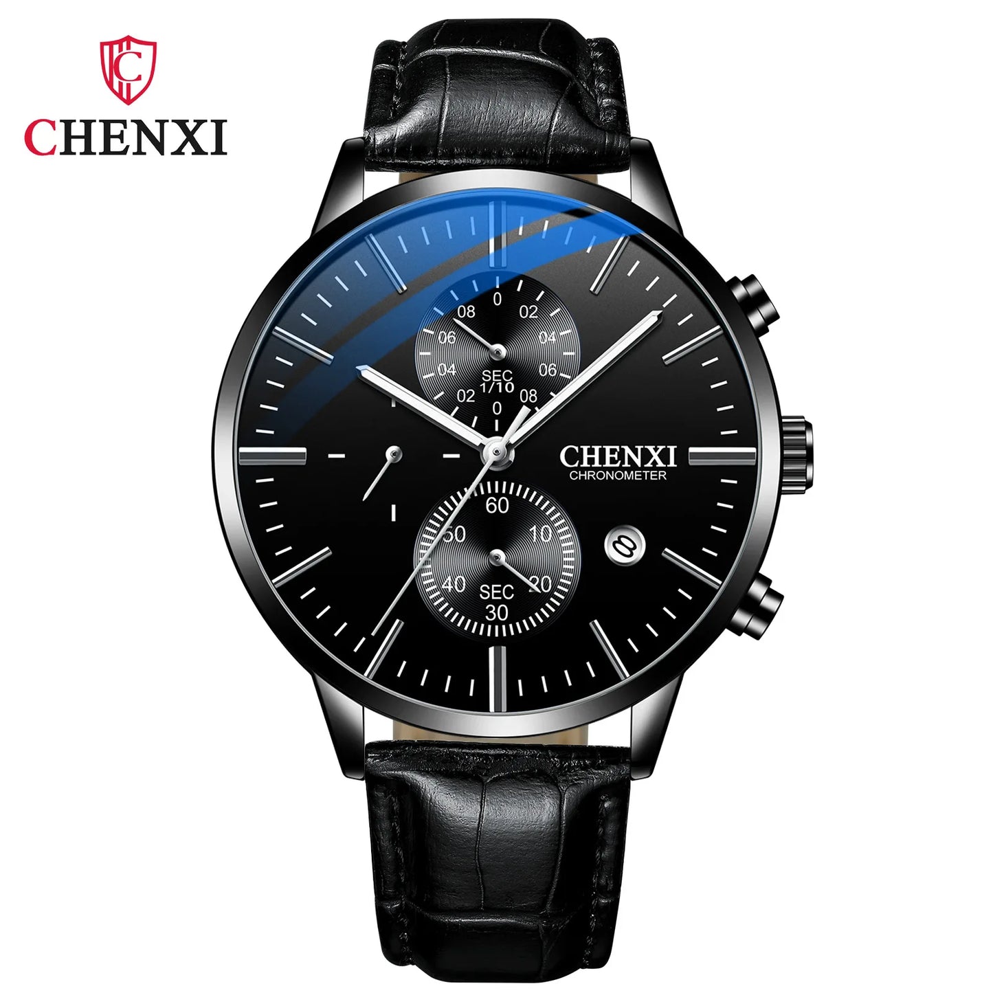 CHENXI Multi-function Watch Men's Calendar Black Leather Strap Three-eye Six-pin Waterproof Luminous Chronograph Quartz Watch