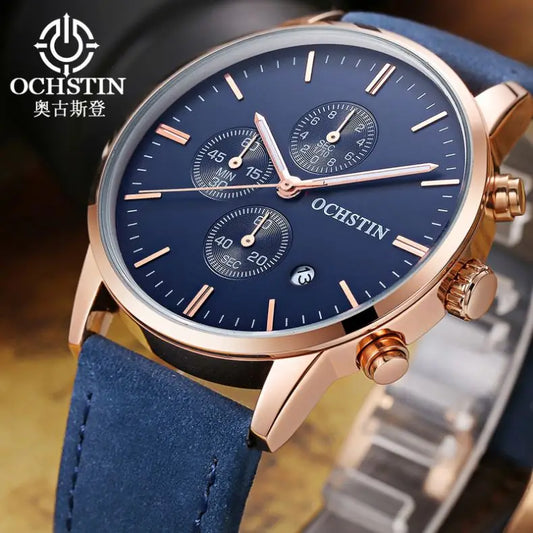 OCHSTIN 084 Special Blue Mans Quartz Watch   Leather Band Water Resistant Calendar Chronograph Business  Wrist Watch
