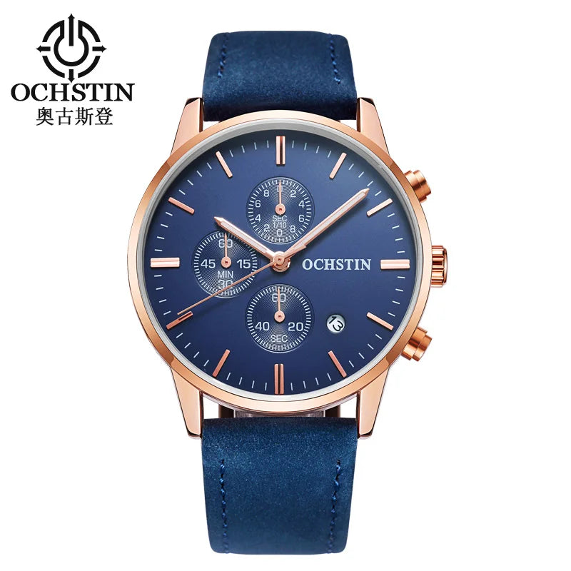 OCHSTIN 084 Special Blue Mans Quartz Watch Leather Band Water Resistant Calendar Chronograph Business Wrist Watch