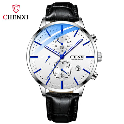 CHENXI Multi-function Watch Men's Calendar Black Leather Strap Three-eye Six-pin Waterproof Luminous Chronograph Quartz Watch