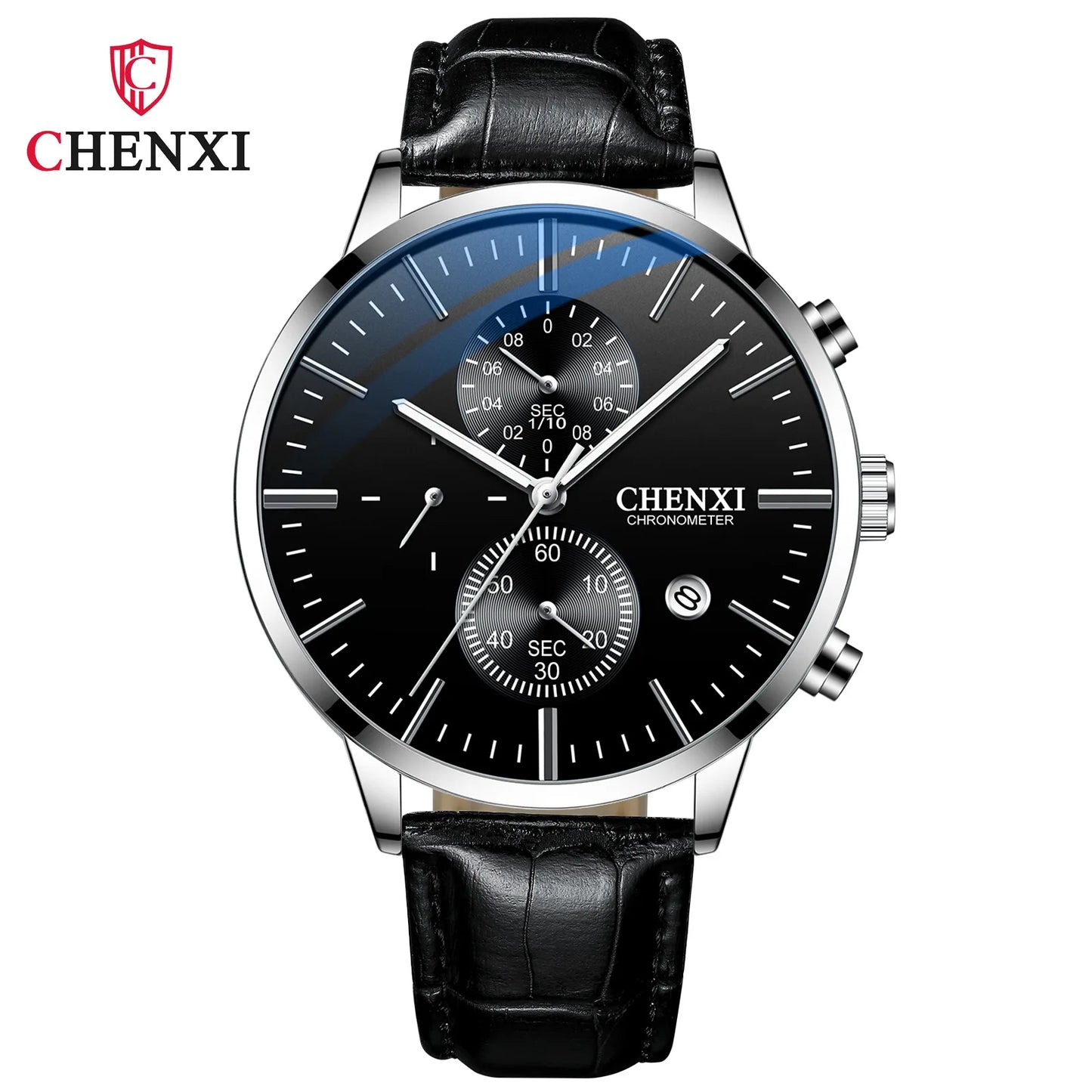 CHENXI Multi-function Watch Men's Calendar Black Leather Strap Three-eye Six-pin Waterproof Luminous Chronograph Quartz Watch