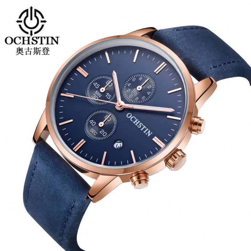 OCHSTIN 084 Special Blue Mans Quartz Watch Leather Band Water Resistant Calendar Chronograph Business Wrist Watch