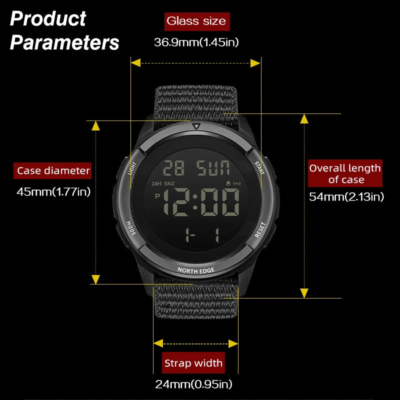 NORTH EDGE 2025 TERRAX Men's Digital Military Watches Outdoor Sports Swimming Waterproof 50M Stopwatch Countdown Light Watch Men