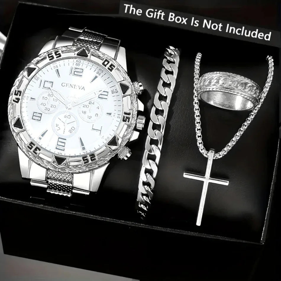 Classic Business Men's Watch Set, Quartz Round Dial Stainless Steel Strap Men's Watches, Ideal Gift Choice