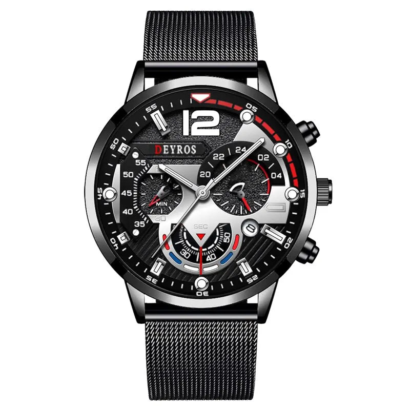 2023 Fashion Mens Business Watches Luxury Stainless Steel Mesh Belt Quartz Wrist Watch Luminous Clock Men Casual Calendar Watch