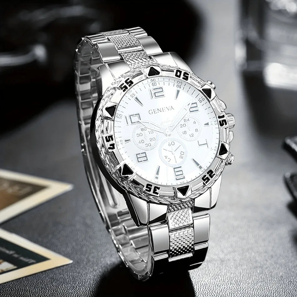 Classic Business Men's Watch Set, Quartz Round Dial Stainless Steel Strap Men's Watches, Ideal Gift Choice