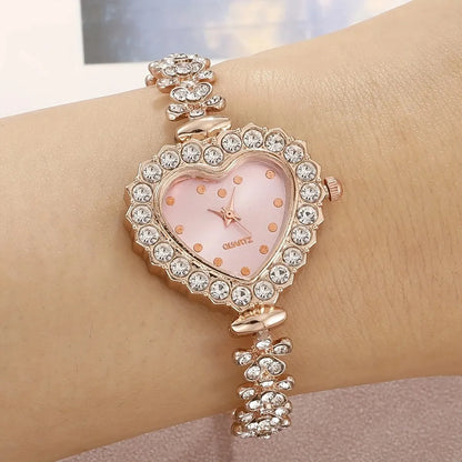 6pcs Women's Watch Rhinestone Heart Pointer Quartz Watch Cute Bracelet Wrist Watch &amp; Jewelry Set, Gift For Her