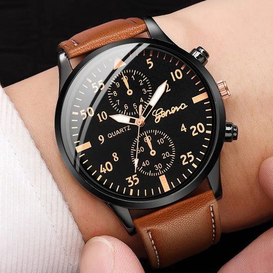 5PCS/4PCS Fashion Casual Men's Leather Strap Quartz Watch with Bracelet Set（Box not Included）