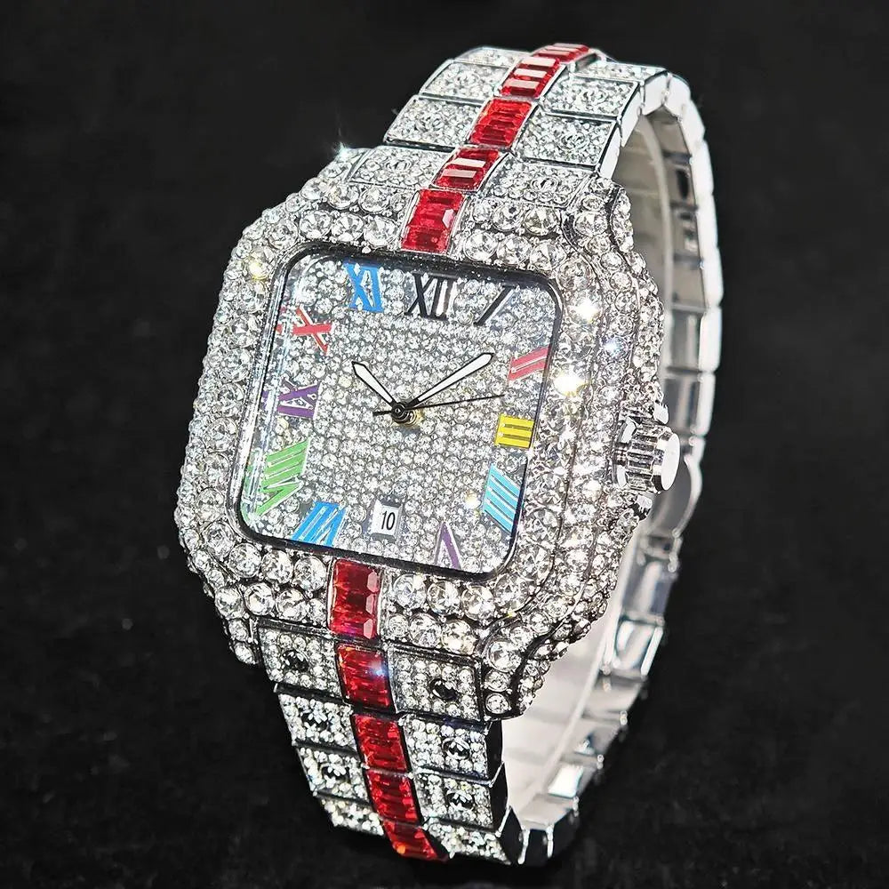 Hot Sale Blue Iced Watch For Man Fashion Colorful Roman Literal Quartz Watch Hip Hop Diamond Jewelry Square Wrist Watch Men Gift
