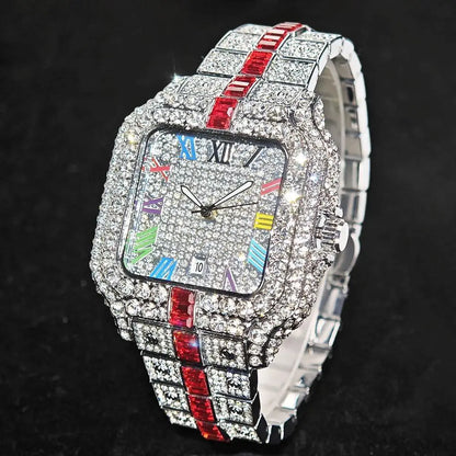Hot Sale Blue Iced Watch For Man Fashion Colorful Roman Literal Quartz Watch Hip Hop Diamond Jewelry Square Wrist Watch Men Gift