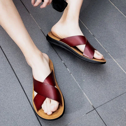 Men Shoes New  Summer Shoes Italian Leather Slippers Men High Quality Size 38-47 Beach Slip on Flats Man Flip Flops Mens Sandals