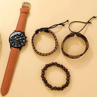 4PCS Fashion Men Watches Casual Male's Quartz Watch Bracelets Set Relogio Masculino Reloj Hombre（Without Box）