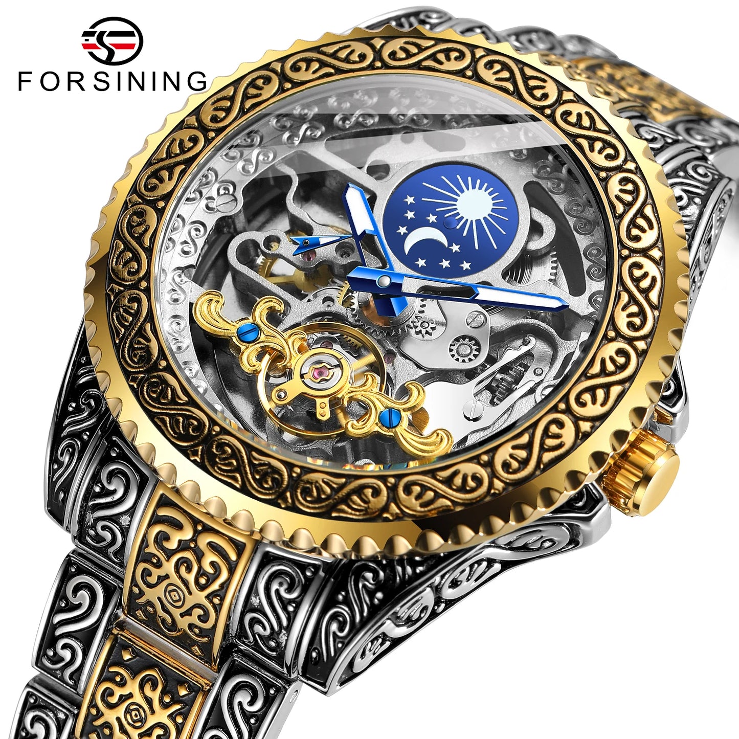 Forsining Luxury Transparent Skeleton Automatic Mechanical Wristwatch Stainless Steel Moonphase Watch Mens Clock reloj hombre
