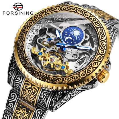 Forsining Luxury Transparent Skeleton Automatic Mechanical Wristwatch Stainless Steel Moonphase Watch Mens Clock reloj hombre