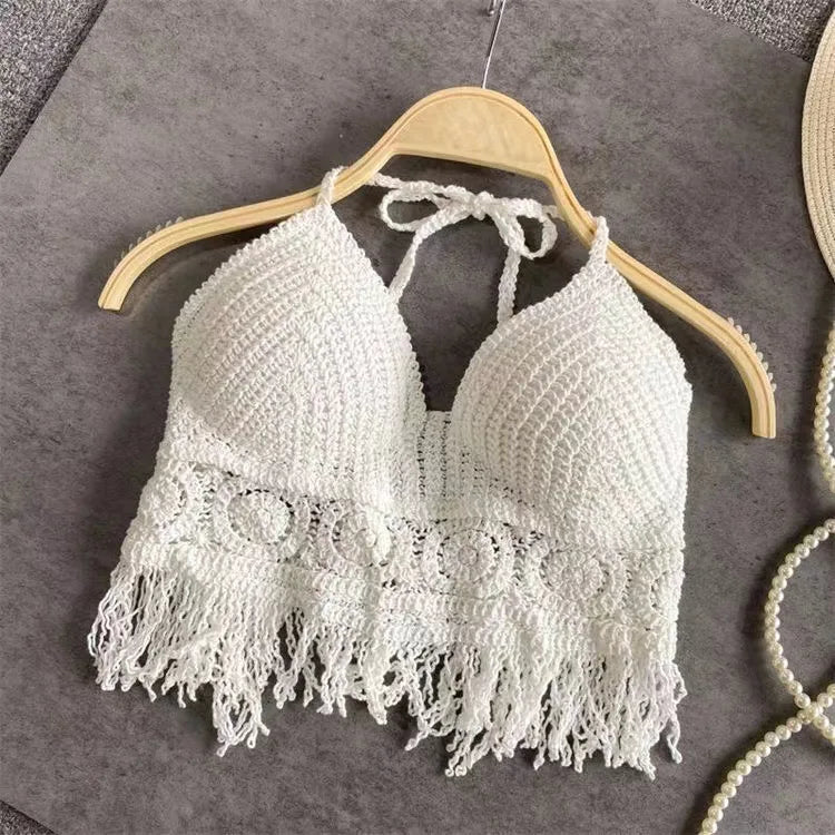 Women Beach Crop Tops Hollow Cover-Ups Perspective Tassel Sexy Spaghetti Strap Tank Tops Built In Bra Backlless Halter Neck
