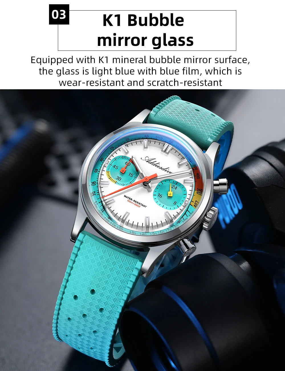 ADDIESDIVE New Men Watch 38mm VK64 Chronograph Fluororubber Luxury Domed Glass BGW9 Luminous 100m Waterproof Quartz Wristwatch