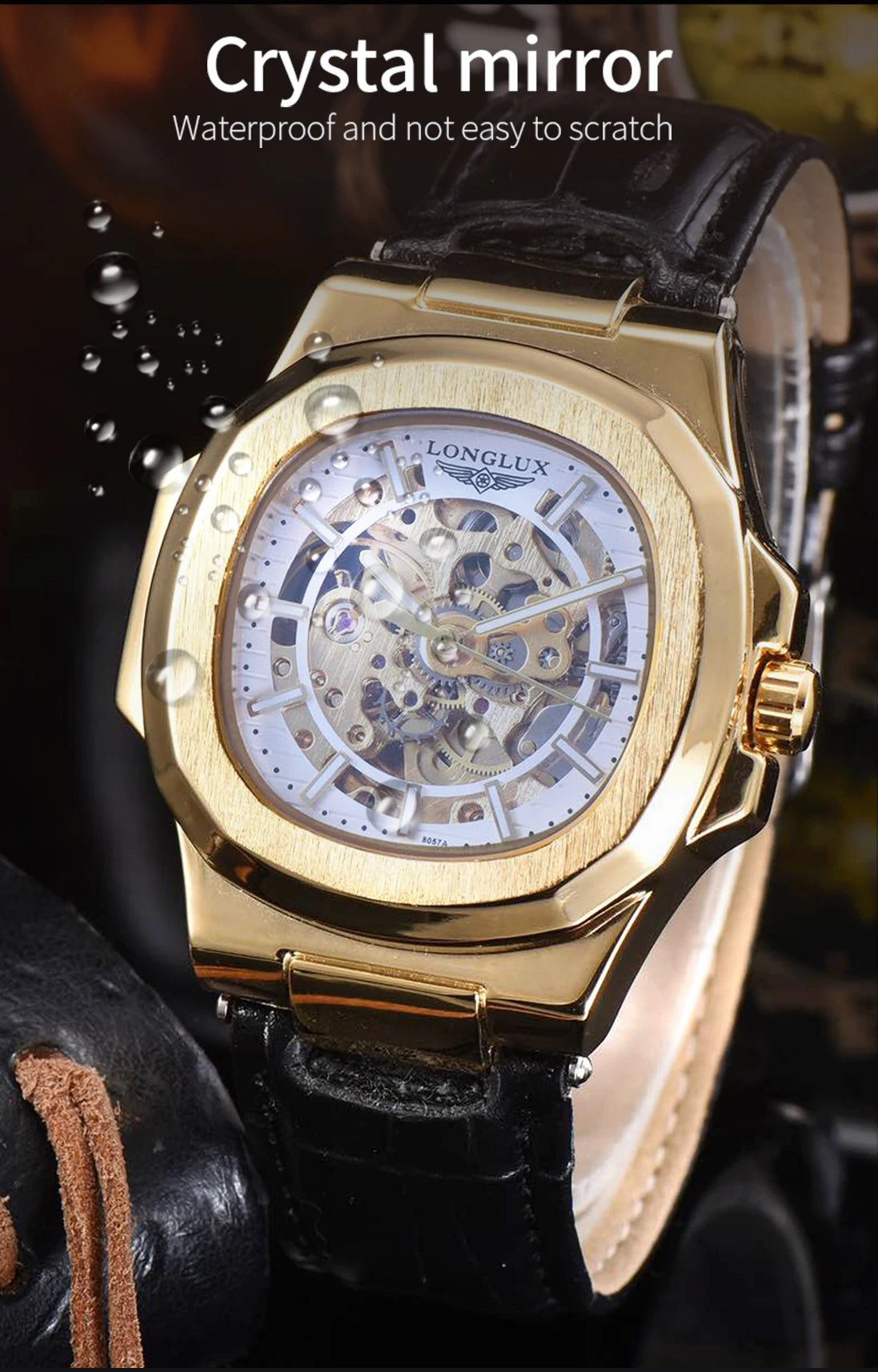 LONGLUX automatic mechanical watch outdoors simple luxury watches waterproof cheap wholesale skeleton leather mens watch gift